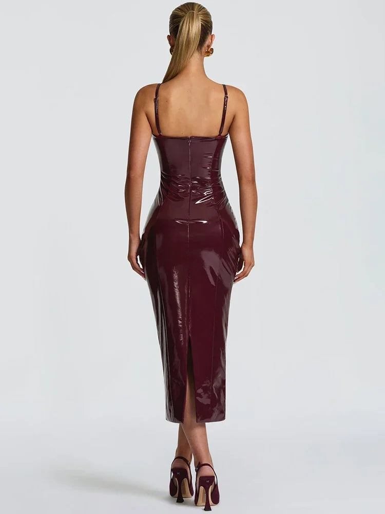 Abito Midi Bustier in Ecopelle Effetto Lucido Senza Spalline