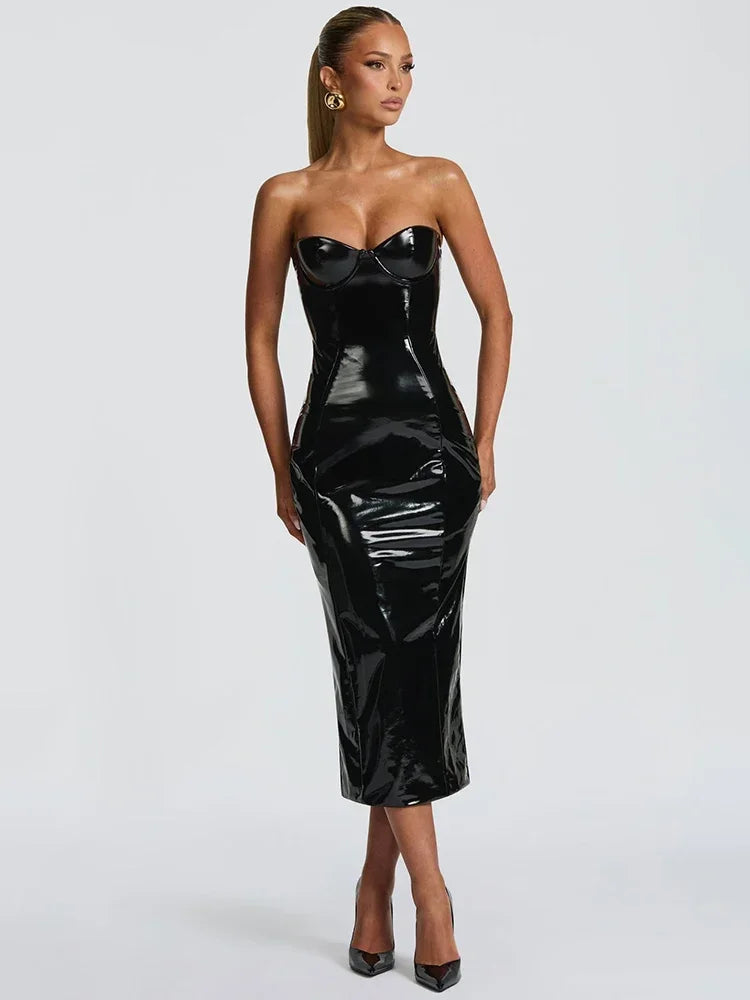 Abito Midi Bustier in Ecopelle Effetto Lucido Senza Spalline
