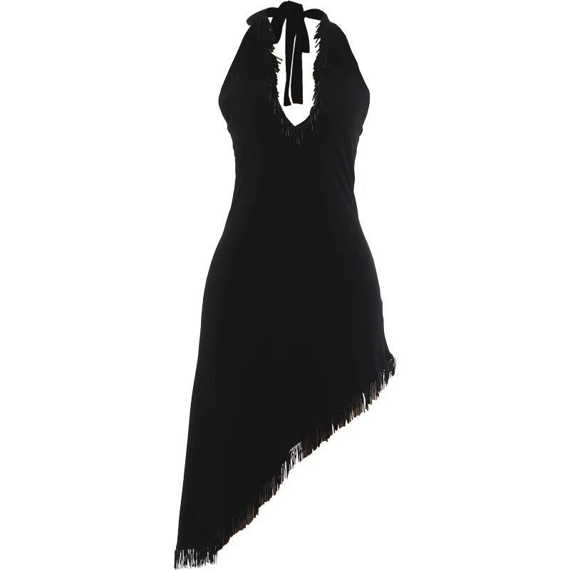 Abito Halter con Frange e Scollo a V Profondo