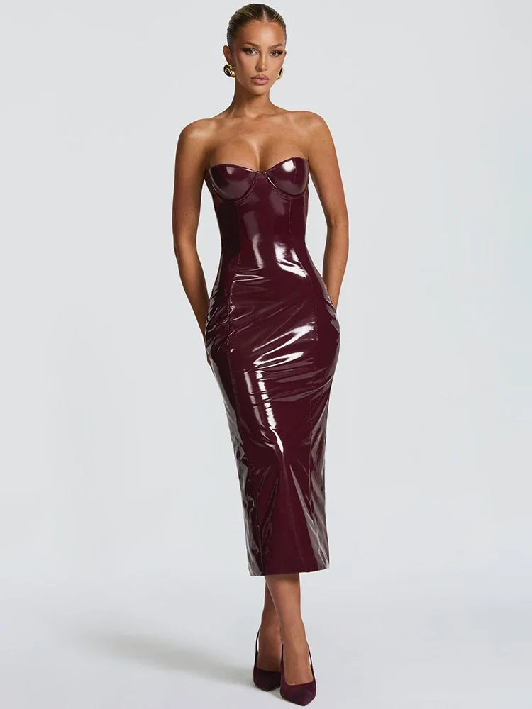 Abito Midi Bustier in Ecopelle Effetto Lucido Senza Spalline
