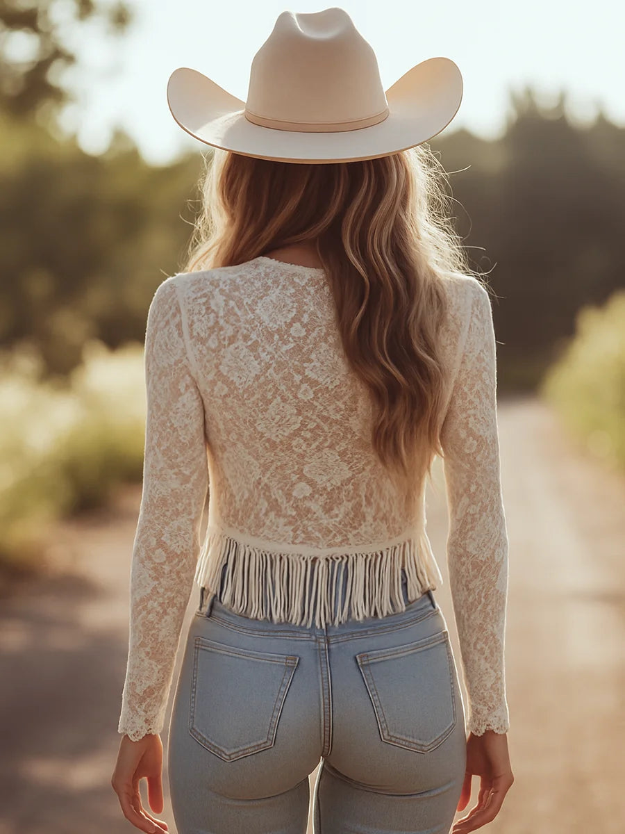 Top in Pizzo con Frange e Scollo a V